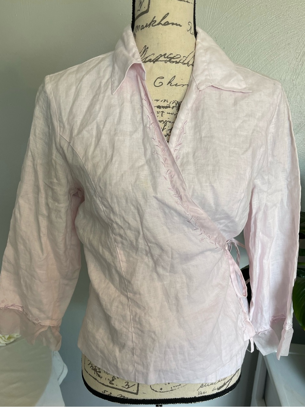 Silkland Pink Linen Wrap Blouse Embroidered Tie Waist Top Women’s L - Picture 2 of 7